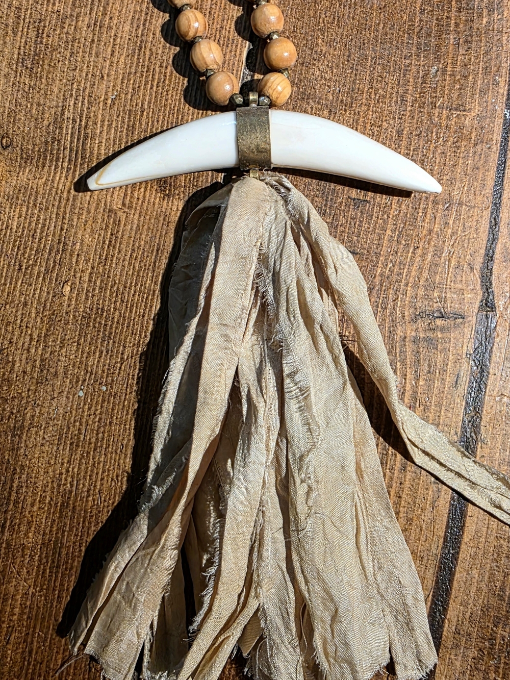 Boho White Horn Tassel Necklace with Beige Silk Fringe